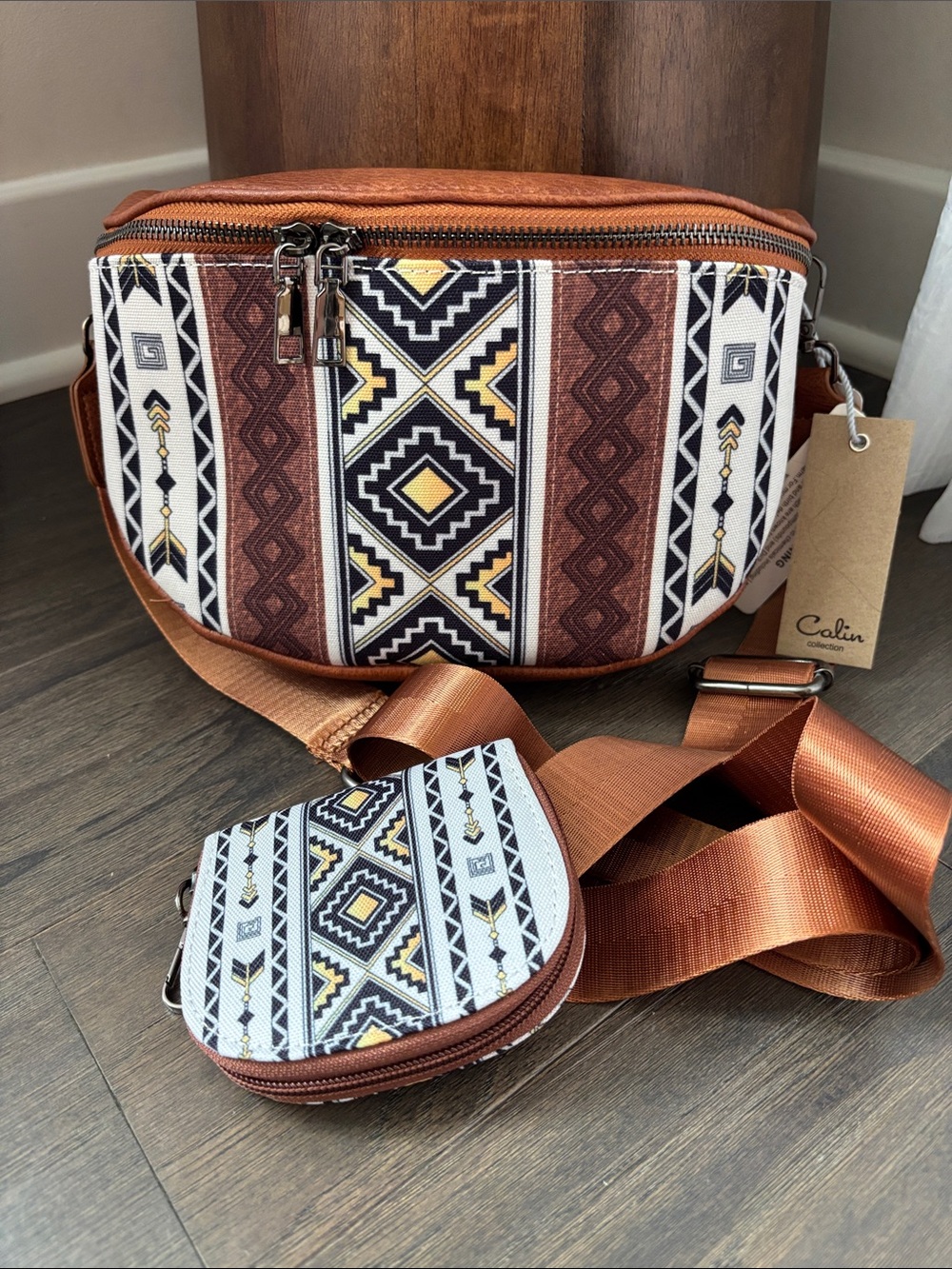 Calin Collection Aztec print, belt bag/crossbody w/card/change/key purse